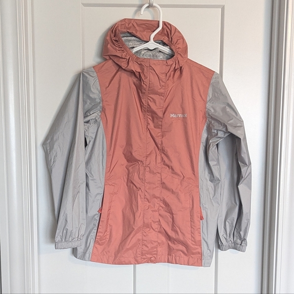 Marmot Preclip Eco Raincoat Rain Jacket - Coral and Grey sz Girls' L - Picture 1 of 8